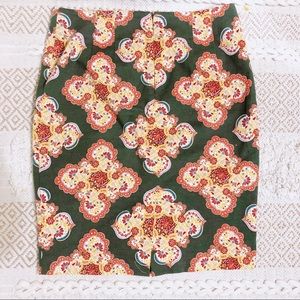 Olive boho print pencil skirt.